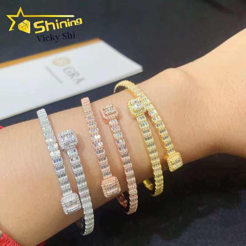 Worldwide Shipping Fine Jewelry S925 Silver Gold Plated VVS Baguette Moissanite Diamond Bangle Bracelet GRA Certificated