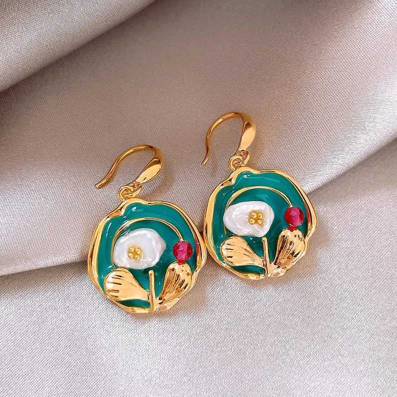 Vintage Oil Painting Style Flower Earrings Fashion Imitations Pearl Geometric Drop Earrings High-End Wedding Jewelry Accessories Y250510