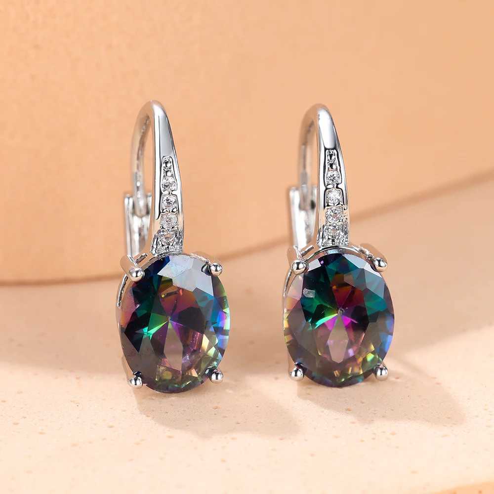 Oval Blue Red Purple Black Green Stone Hoop Earrings For Women Silver Gold Color Wedding Small Ear Buckle Rainbow Zircon Jewelry Y250510