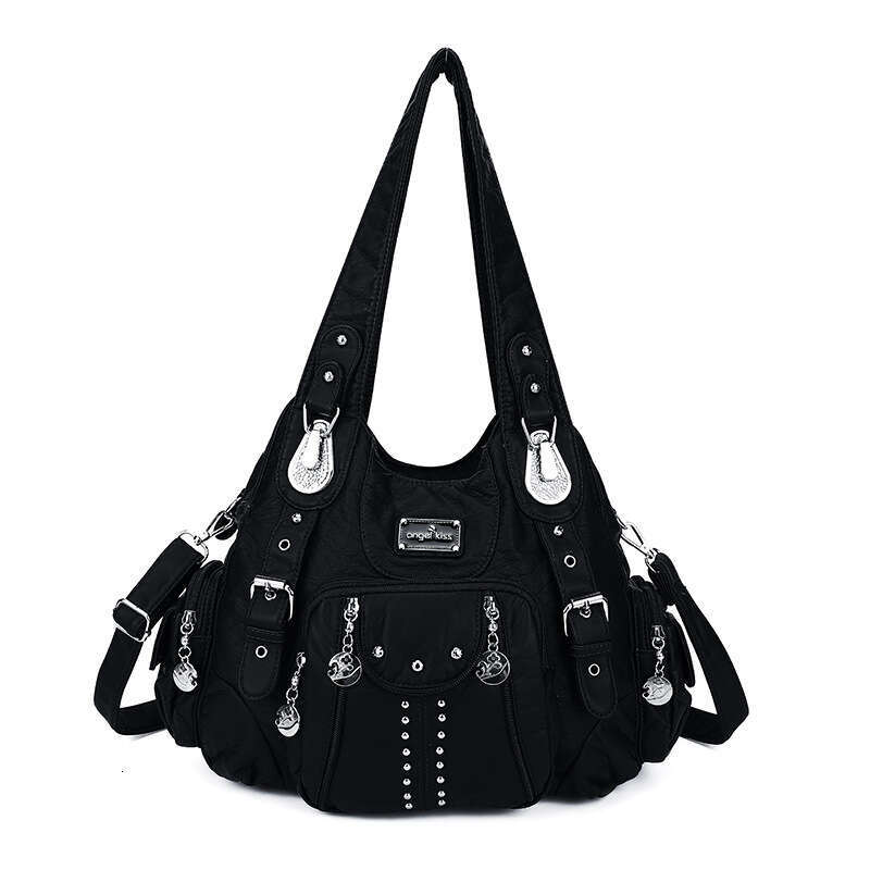 casual versatile fashion womens bag multipocket rivet decoration shoulder bag highend soft leather large capacity handbag