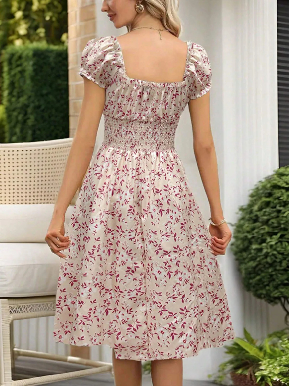 Spring Summer Women Floral Dress French Style Ruffled Sleeves Wrap Waist Boho Beach Sundress Cottagecore 250513