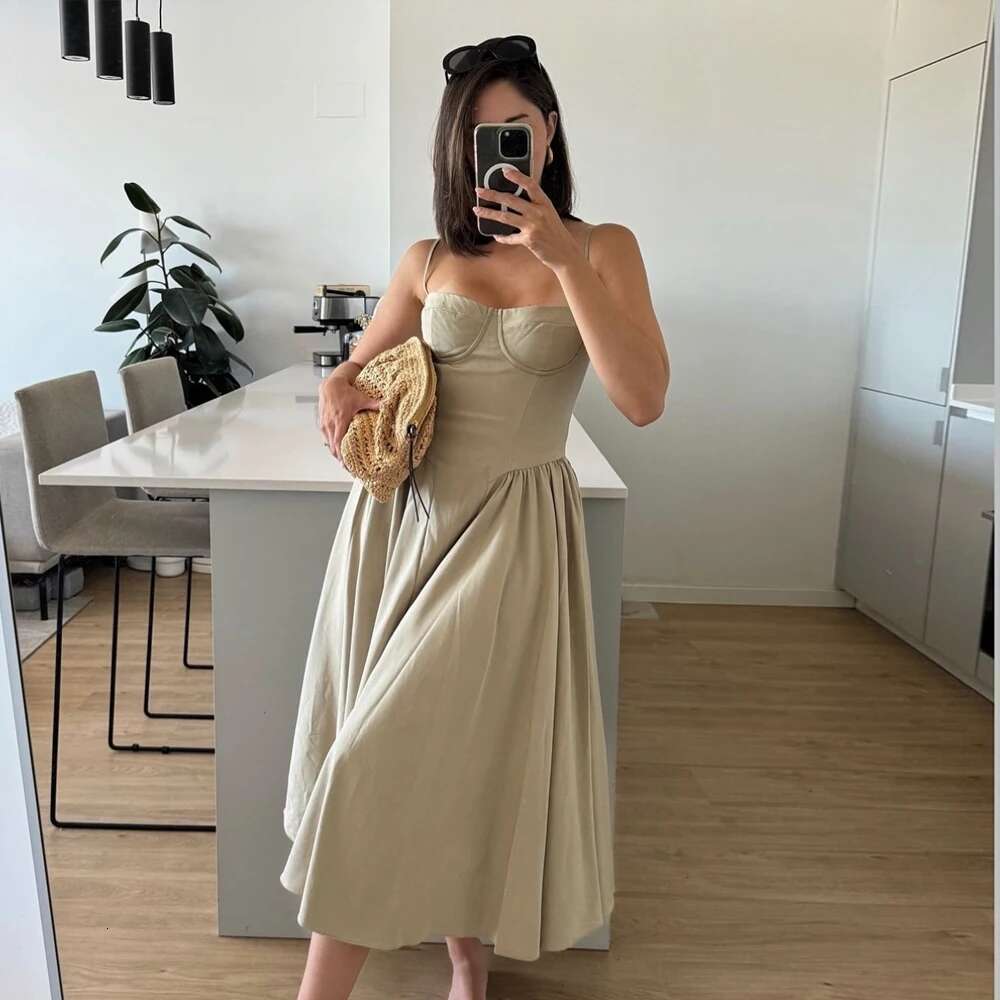 Mingmingxi Elegant for Summer Pink Spaghetti Strap Midi Dress with Pocket Long Party Dresses Holiday Women Clothing
