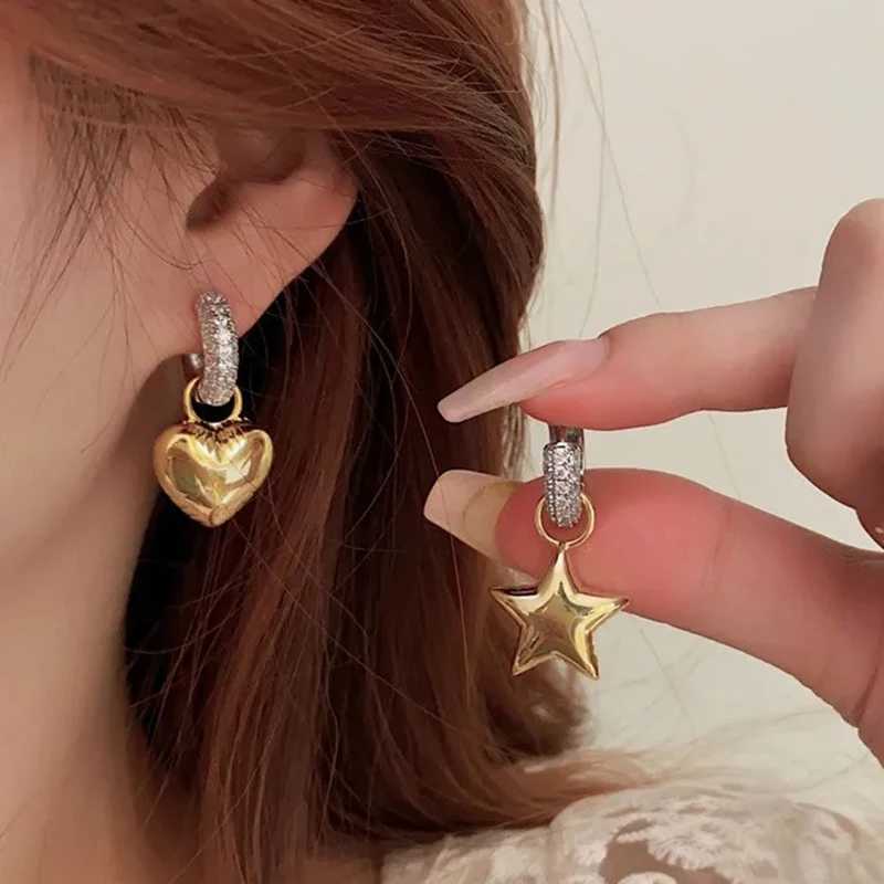 New Vintage Asymmetric Zircon Heart Star Hoop Earrings for Women Luxury Micro Inlaid Crystal Gold Silver Color Earrings Jewelry Y250510