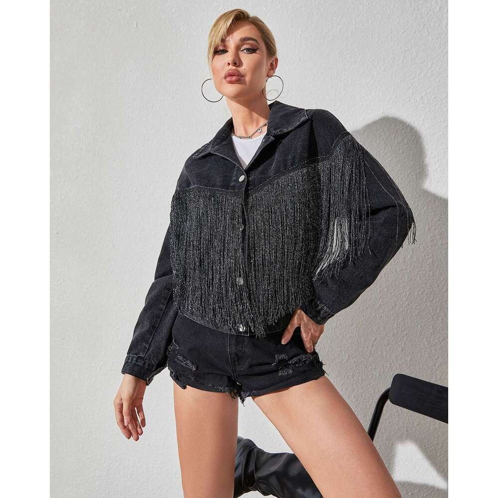 Women's Boyfriend Denim Long Sleeve Oversized Fringe Jean Jacket Coats