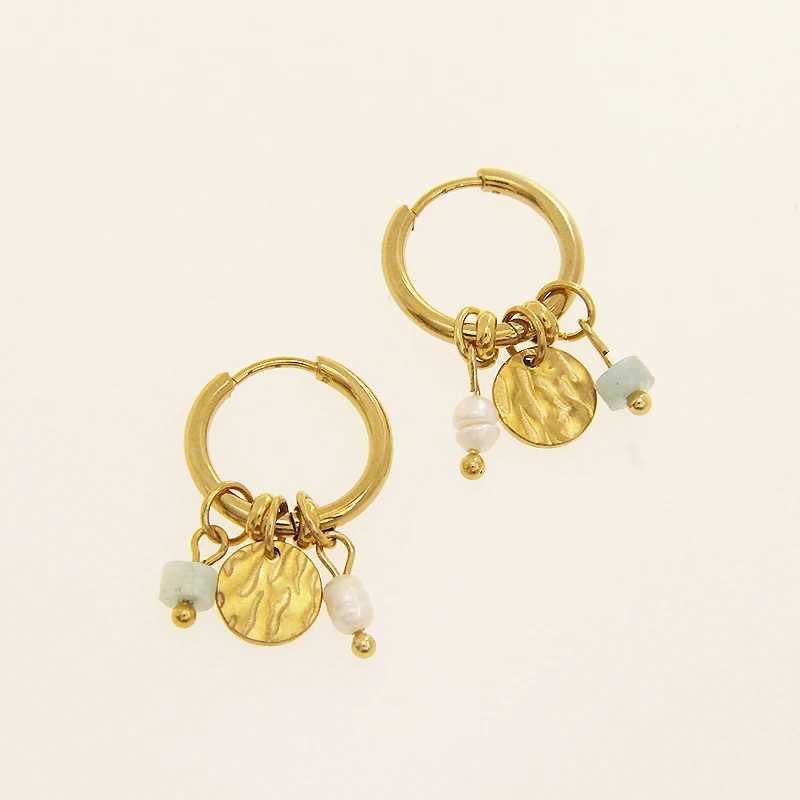 Strange Stainless Steel Round Hoop Earrings for Women Natural Stone Pearl Charms 18k Gold Plated Jewelry Y250510