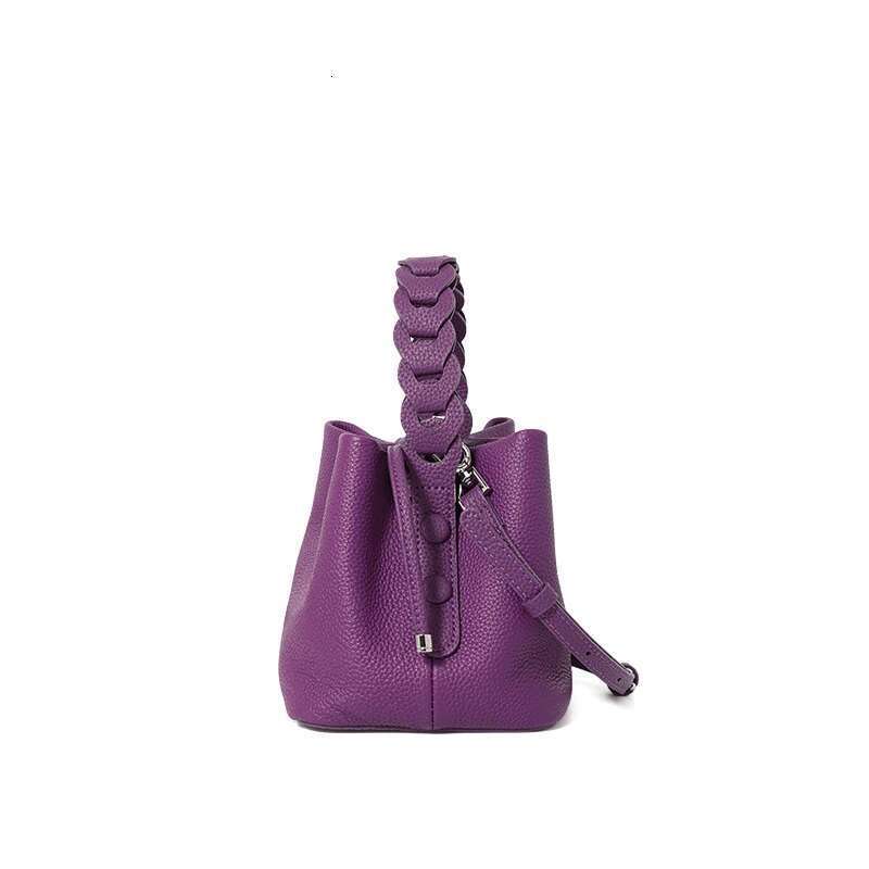 elegant hand carried Genuine leather single shoulder crossbody first-layer cowhide bucket bag for commuting lychee pattern