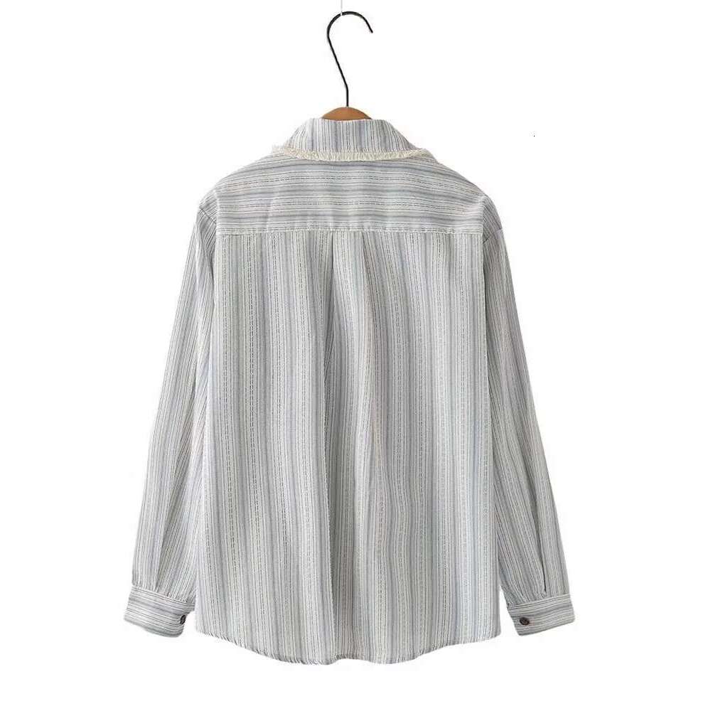 Plus Size Women's Clothing Spring Long-Sleeved Vertical Striped Cotton Linen Washed Shirt With Raw Edges And Tassels