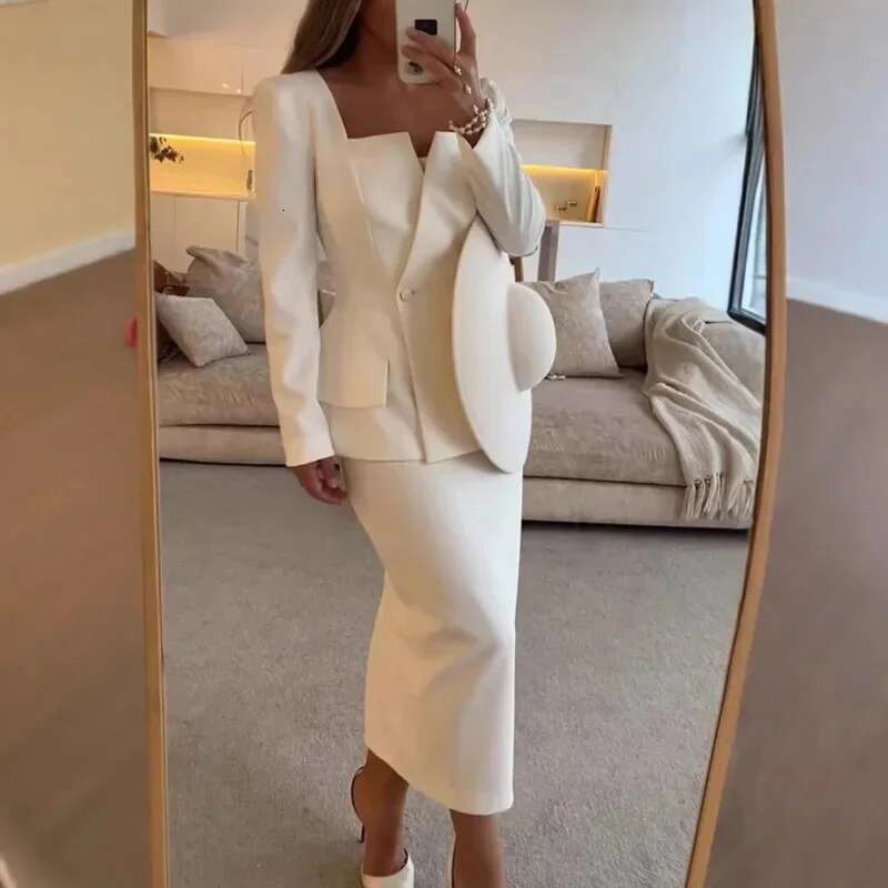 Elegant Women Coat Set White Square Collar Buttons Short Jacket Hip Package Long Skirts Fashion New Female 2 Piece Outfit
