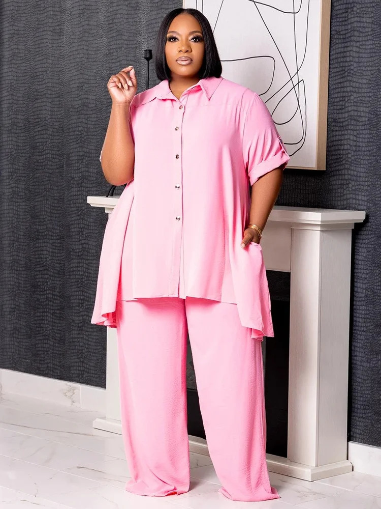 Wmstar Women Plus Size Two Piece Set 5XL Summer Casual Solid Button T Shirt Wide Leg Pants Female Outfits Wholesale Drop 250506