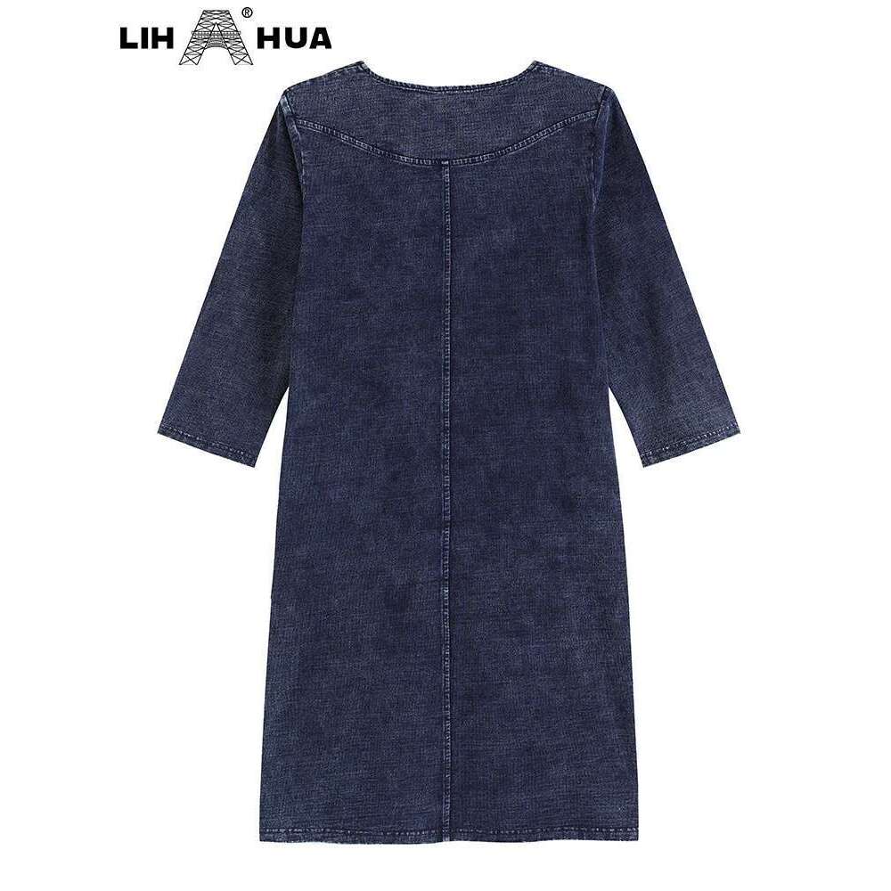 LIH HUA Women's Plus Size Denim Autumn Chic Elegant Dresses For Chubby Women Cotton Knitted Dress