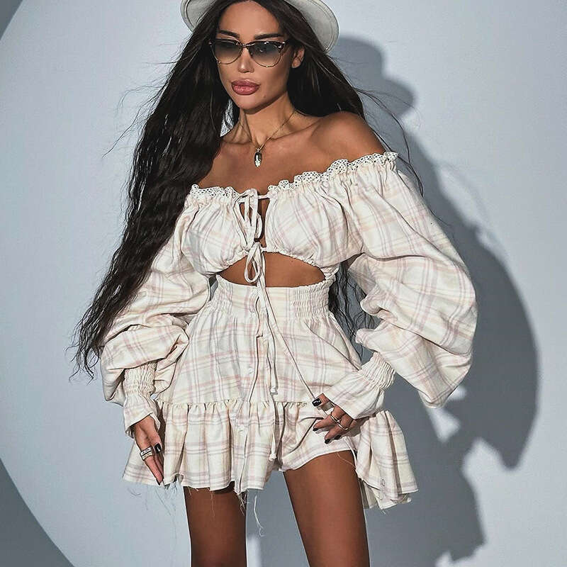 Women's Spring New Sweet Printed One Shoulder Hollow Lace Lantern Sleeve Dress B5