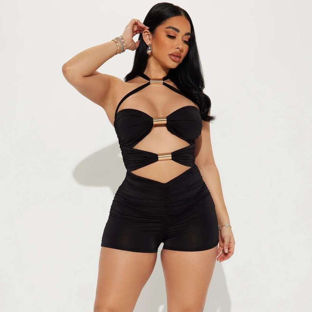 Women's New Personalized Hollowed Out Metal Pipe Splicing With Contrasting Bow Tie Hanging Neck Jumpsuit Shorts B5
