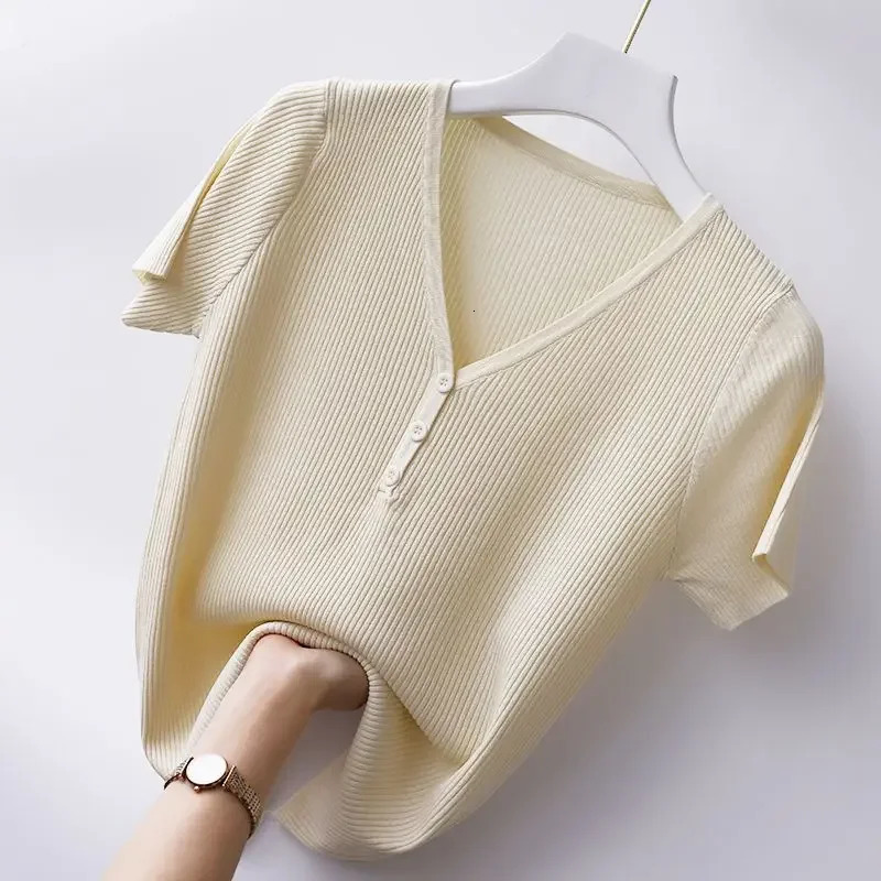 V Neck Long Sleeve Ribbed Knit T Shirt Women Spring Summer Casual Top Streetwear Y2K Basic Tops Tees 250513
