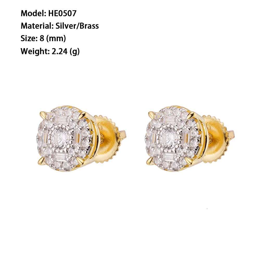 Hip Hop Custom Jewelry 8mm Iced Out Cubic Zircon Gold Plated 925 Sterling Silver Baguette Round Stud Earrings
