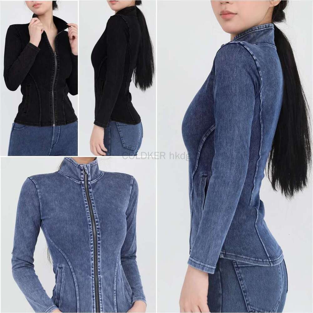 Denim Coat Womens Sports Running Yoga Slim Fit Full Zip Track Turtleneck Workout Jacket