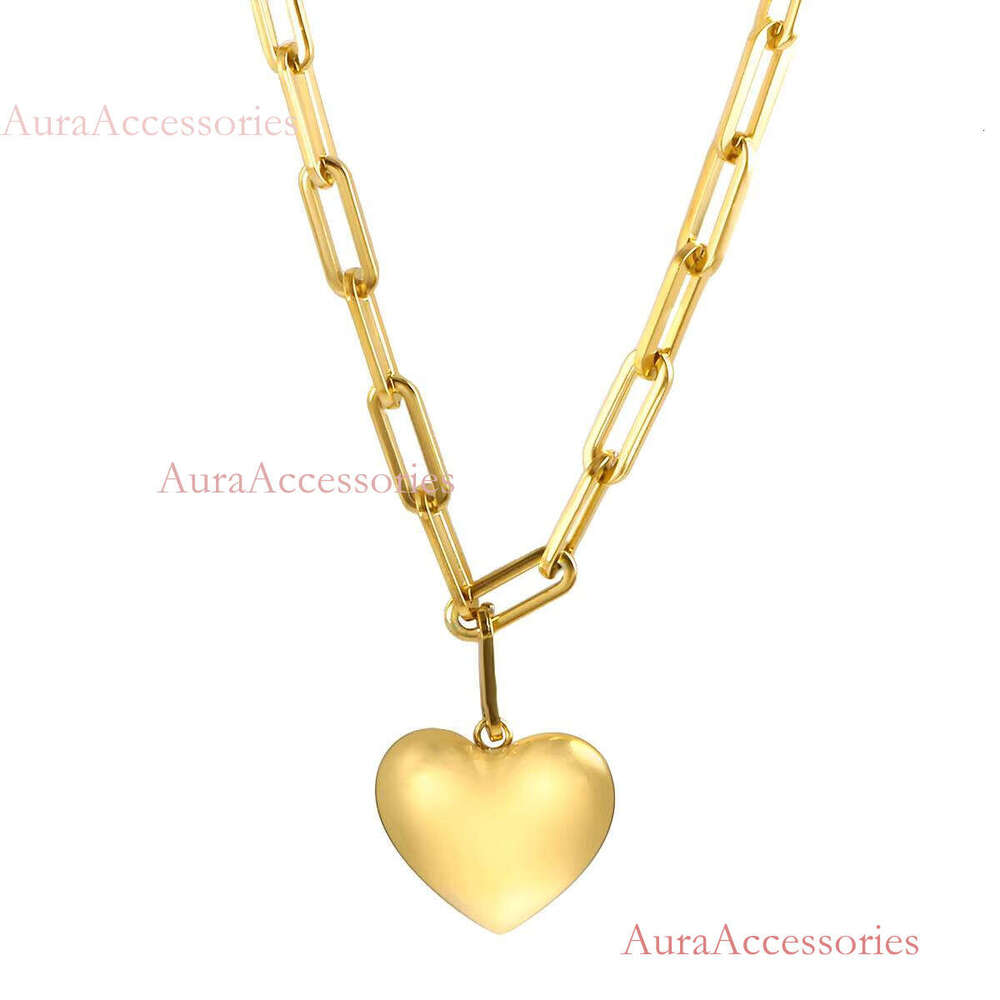 Jewelry Gold Plated Smooth Love Charm Stainless Steel Chunky Heart Pendant Necklace