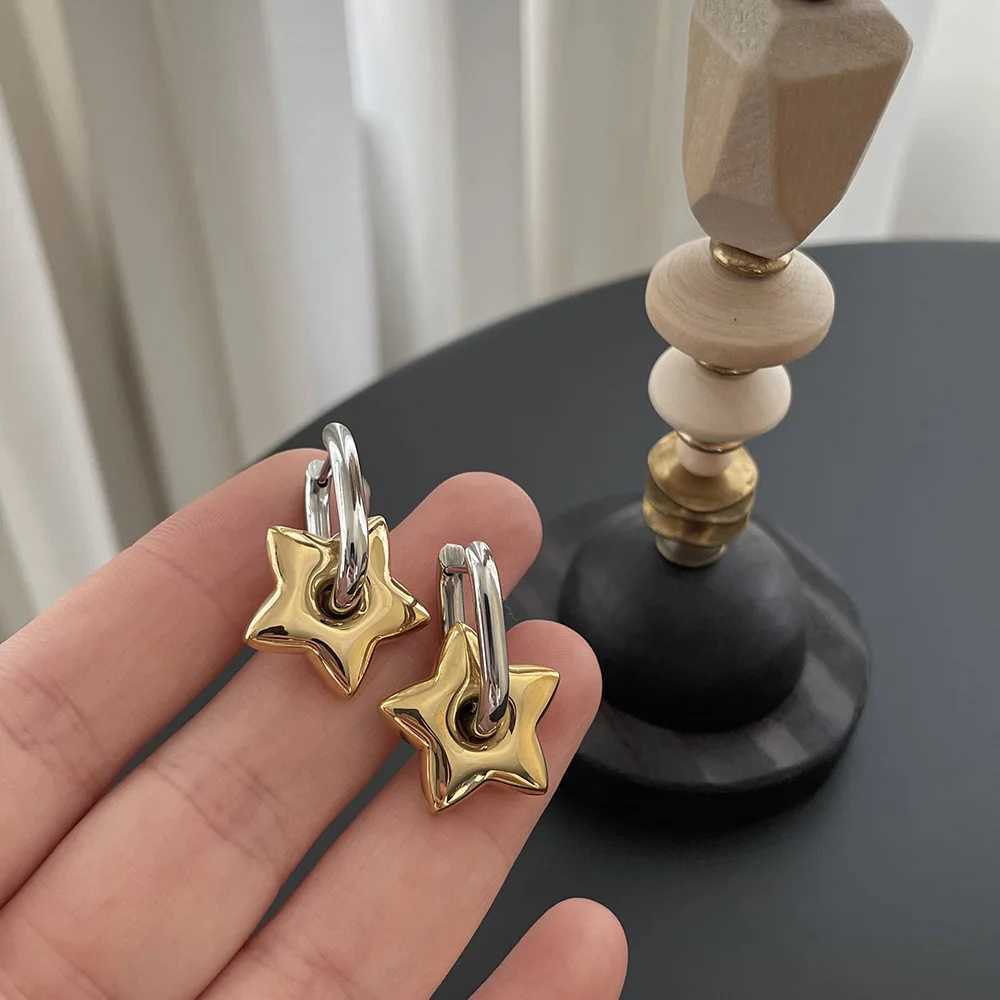 Lucky Star French contrasting stainless steel oval shaped five pointed star earrings long-lasting color Y250510