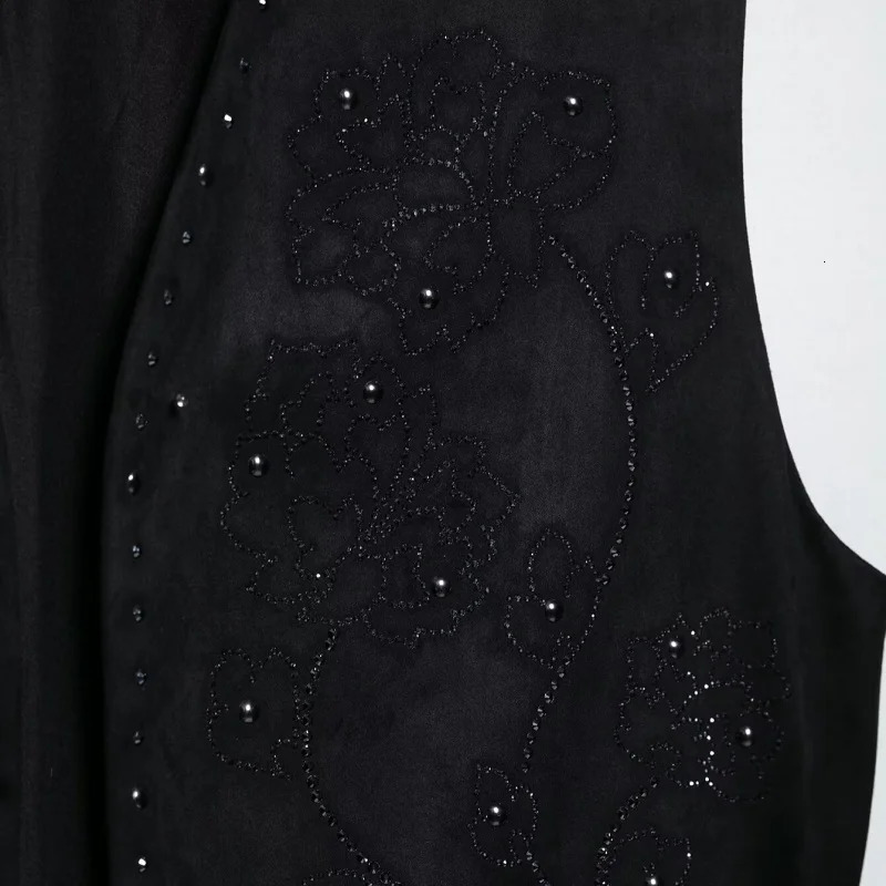 Women Fashion Black Shiny Beads Waistcoat Open Stitch Sleeveless Armholes Cropped Vest Coat High Street Female Tops 250506