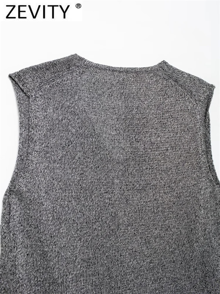 Zevity Womens French Casual Vneck Sleeveless Grey Knitted Tank Top Sweater Fashion Open Collar Lace SW6275 250506