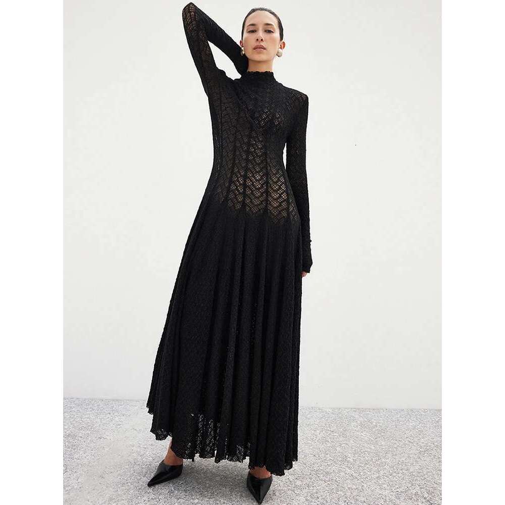 DEAT Elegant Dress Hollow Out Long Sleeve Pleated Knitted Slim Big Swing Women's Evening Party Dresses 2025 Spring New 7AB8070