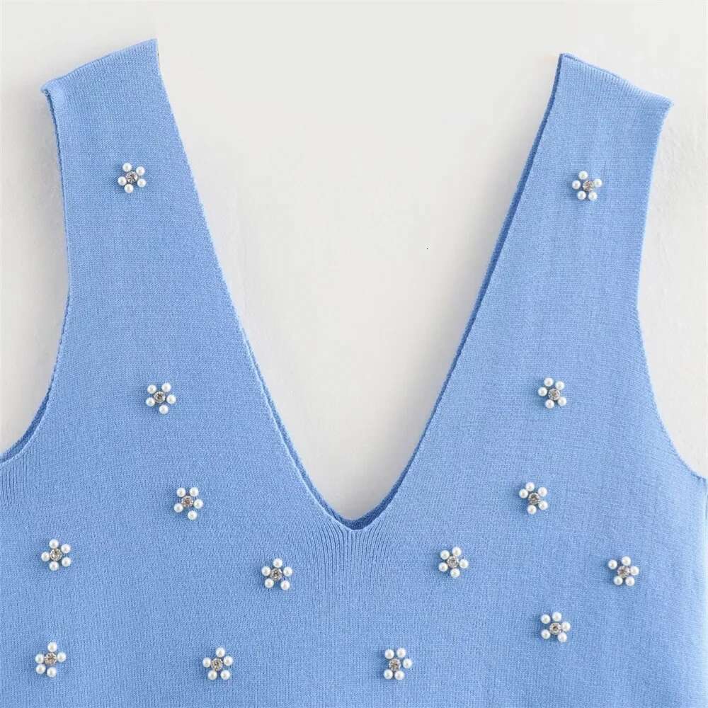 Taop&Za Autumn New Women's Fashion Casual V-neck Sleeveless backless Jewelry Beaded Knitted Mini Dress