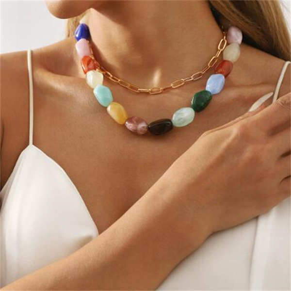 Colorful Stone Beaded Necklace Summer Personalized Fashion Stackable Women's Clavicle Necklace Holiday Banquet Jewelry Gift