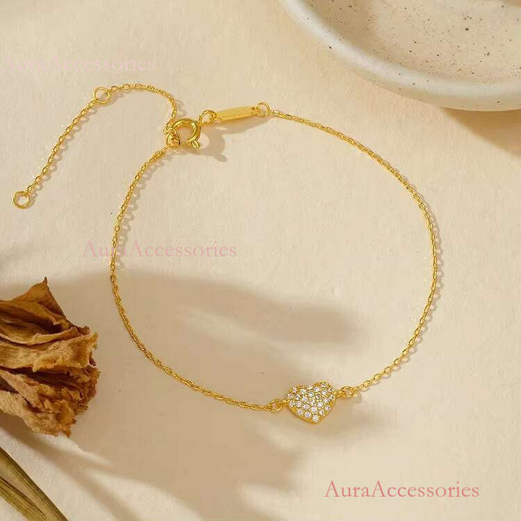 Wholesale Custom Jewelry Sterling Sier Pave Cubic Zirconia Gold Plated Heart Shaped Italian Charm Bracelet for Girls