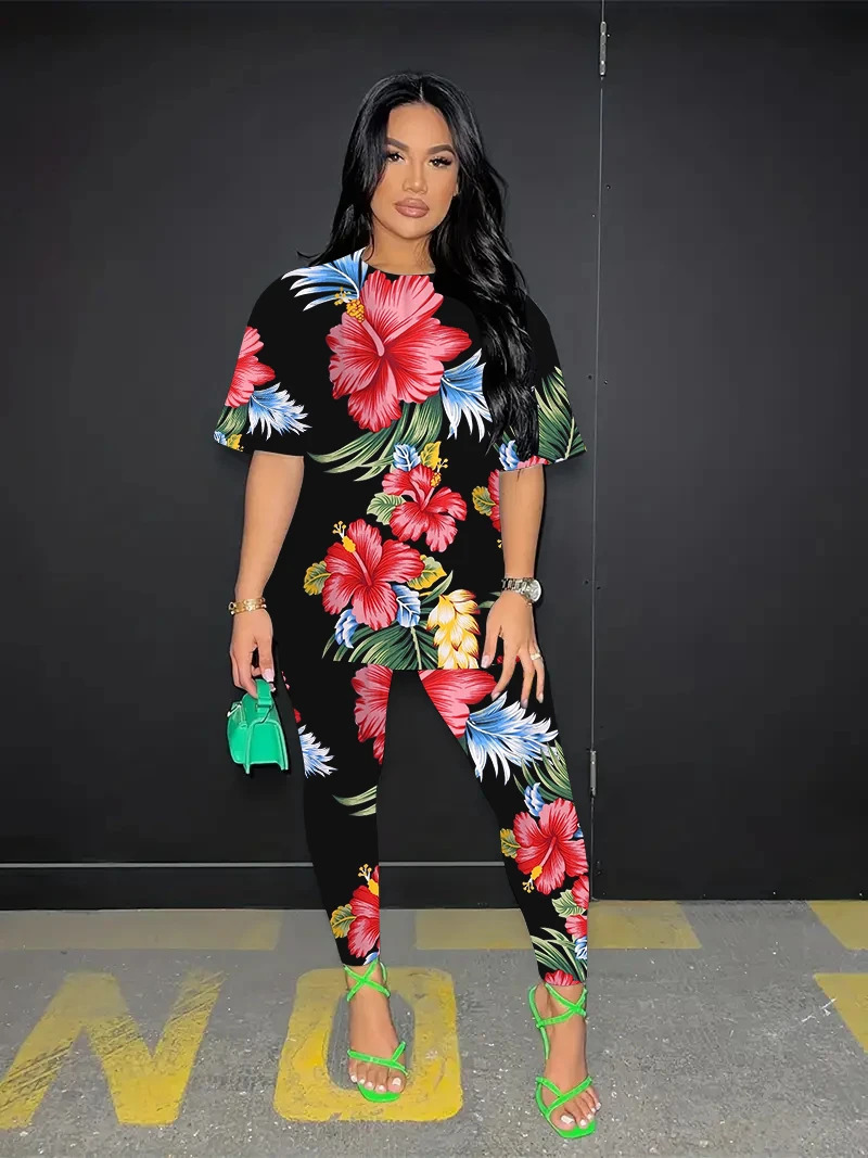 Plus Size Summer Fashion Short Sleeve Trouser 2piece Set Womens Northeast Flower 3D Printed Tshirt Breathable Clothing 250427