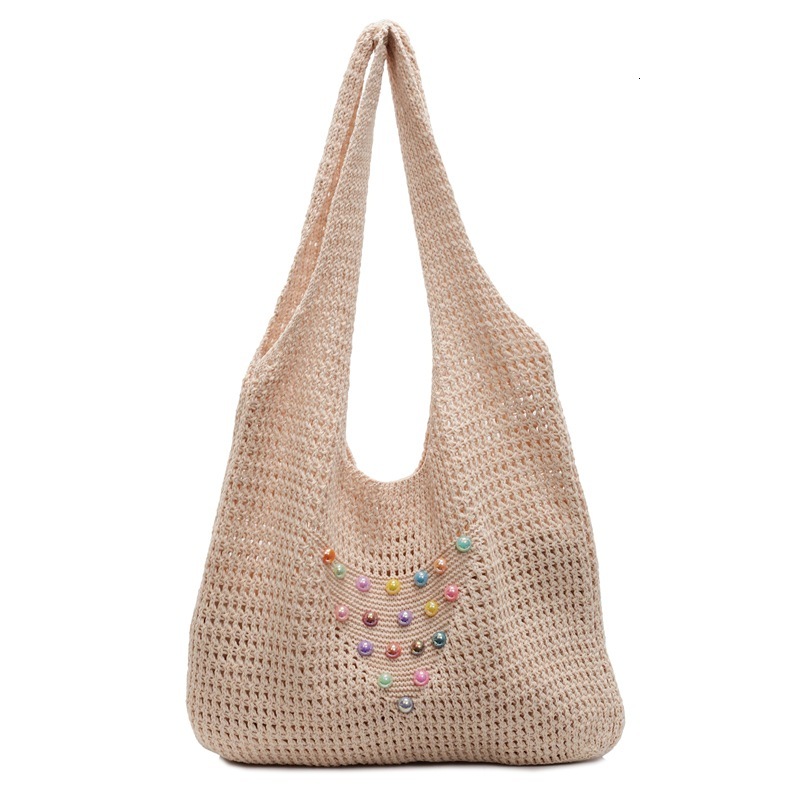 Beach commuting one shoulder tote vacation woven summer colorful pearl hollow out large capacity armpit bag, women's
