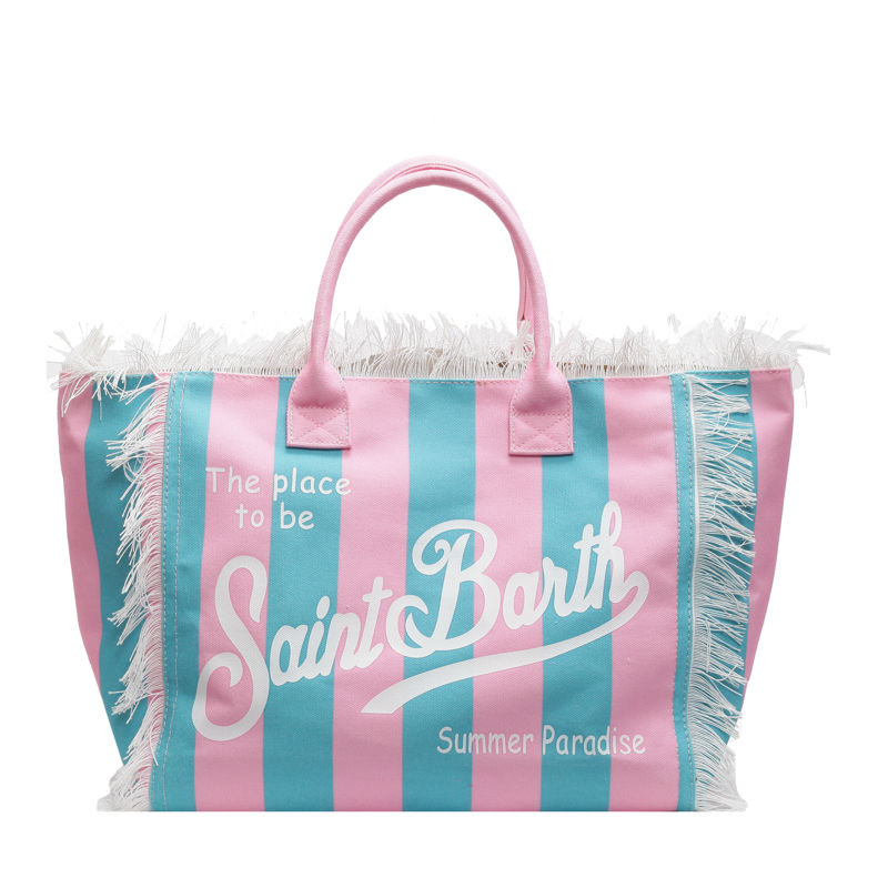Saint Bart's New Women's Large Capacity Leisure Tourism Canvas Stripe Handmade Tassel Handbag Tote Bag size