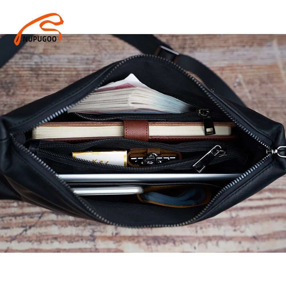 Fashion Men's Shoulder Genuine Leather Casual Crossbody Bag Classic Fold Cover zipper Messenger For 10.5 Inch Ipad NUPUGOO