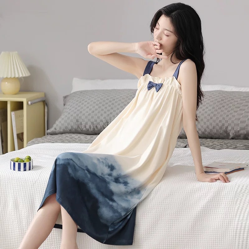 B877-Nightdress for women, summer, thin, with built-in chest pad, medium and long women's pajamas, casual, can be worn outside, home clothes