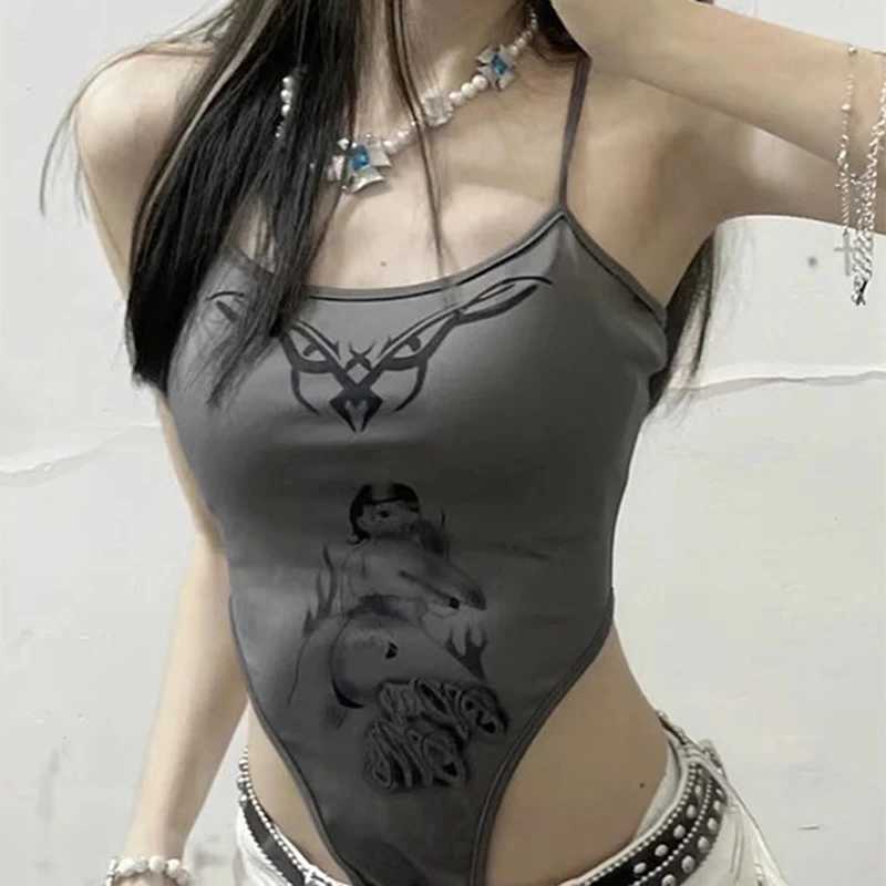 Grey Tank Tops 2000s Aesthetic Graphic Print Sleeveless Irregular Slim Sling Summer Fairy Grunge Y2k Womens Tops Bodysuit M250513
