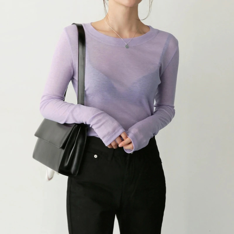 High Quality Plain T Shirt Women Cotton Elastic Basic Tshirt Female Casual Tops Long Sleeve Sexy Thin See Through 250513
