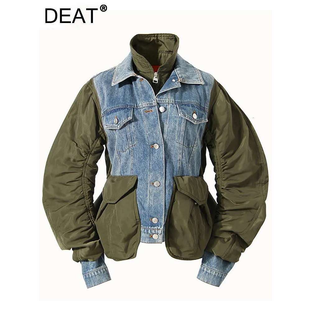DEAT Fashion Women's Patchwork Denim Jackets Turn-down Collar Loose Zipper Long Sleeve Short Coat Autumn 2025 New Tide 7Z249