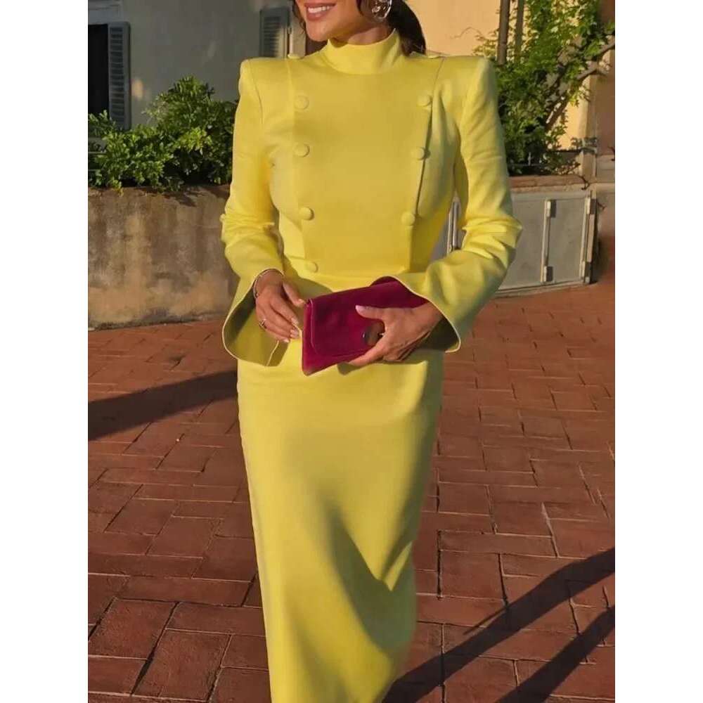 Lemongor Women's Buttoned High Waisted A-line Yellow Dress 2025 New Flared Sleeves Stand Collar Elegant Evening Midi Dresses