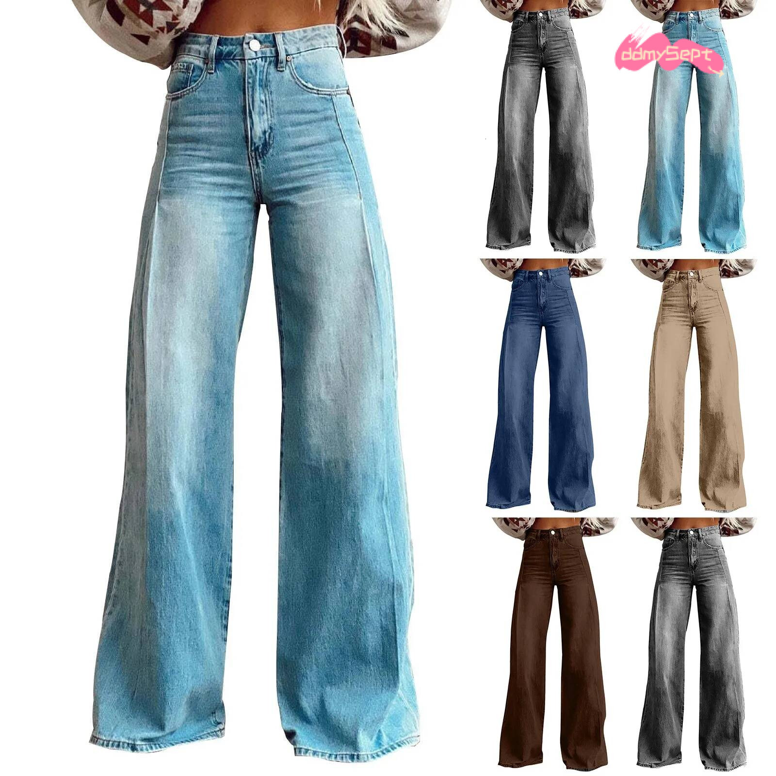 Vintage Women Irregular High Waist Slimming Wide Leg Mop Long Fashion Blue Baggy Jeans Streetwear Pants ddmysept