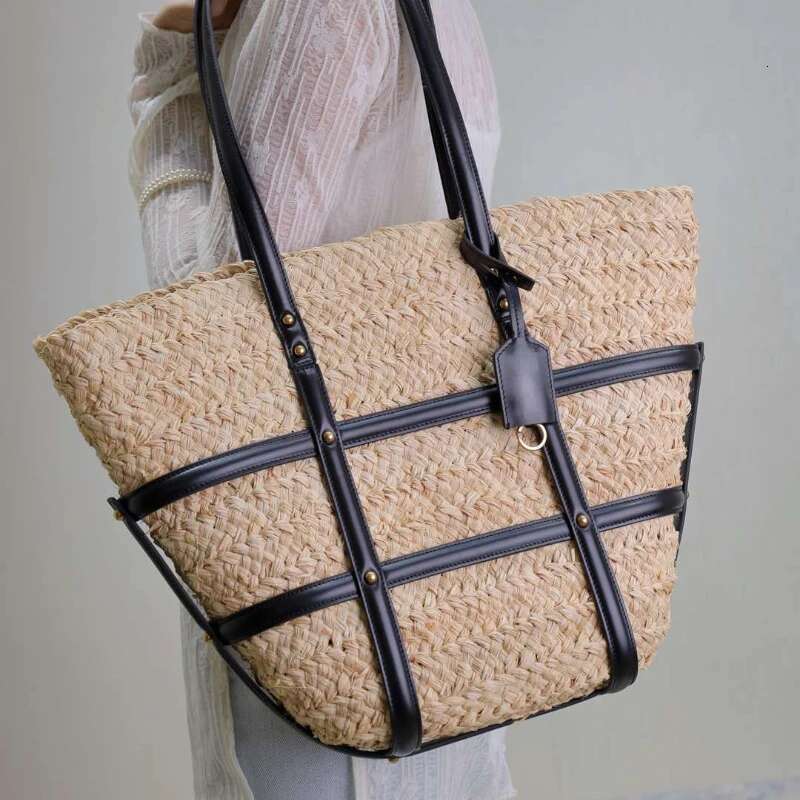 Ladies Straw Beach Summer Crochet Handbag Women Bohemian Daily Tote PU Patchwork Shoulder Bag Large Capacity Weav