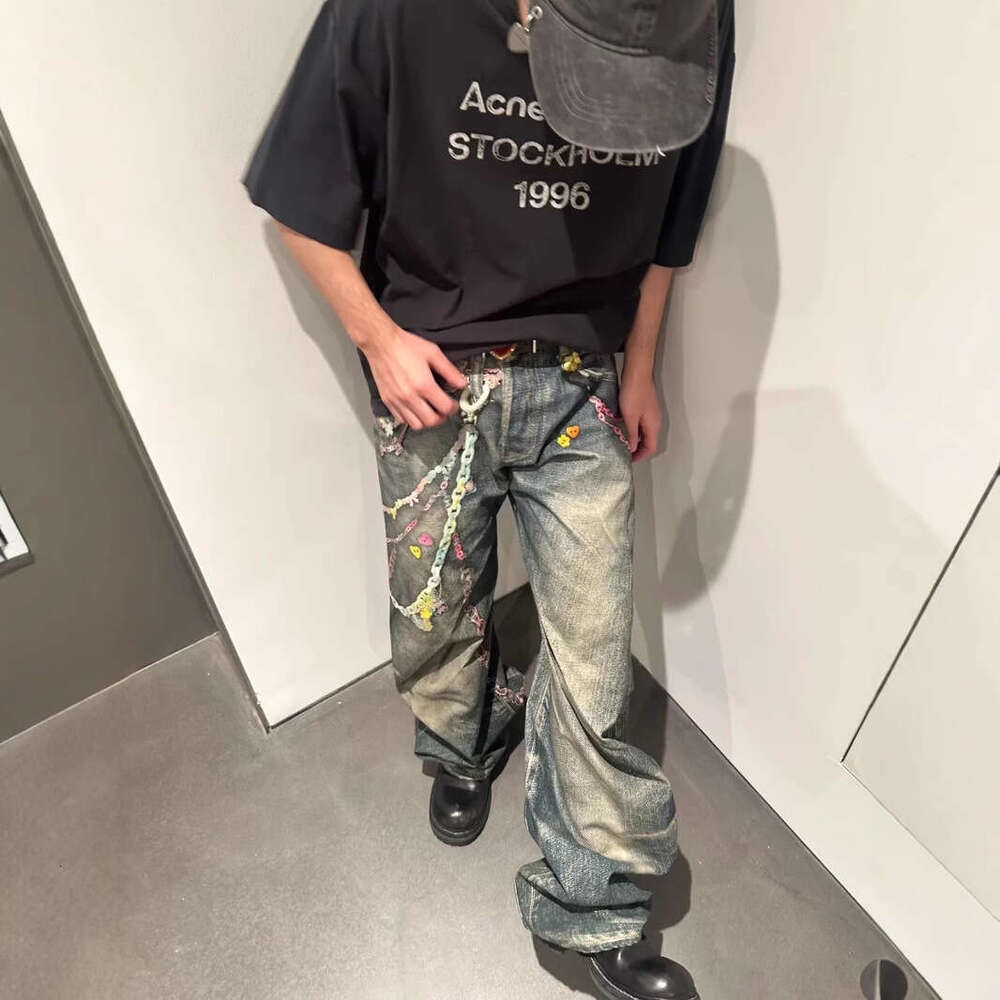 Jimo AC Spring New 3D Digital Printing Color Chain American Jeans Men and Women Same Style Curved Knife Pants