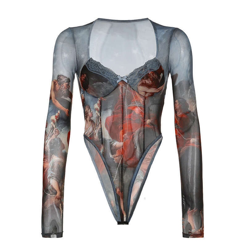 Wind Spring/Summer New Product Mesh Butterfly Print High Waist Long Sleeve Slim Fit Jumpsuit Spicy Girl Street Top B5