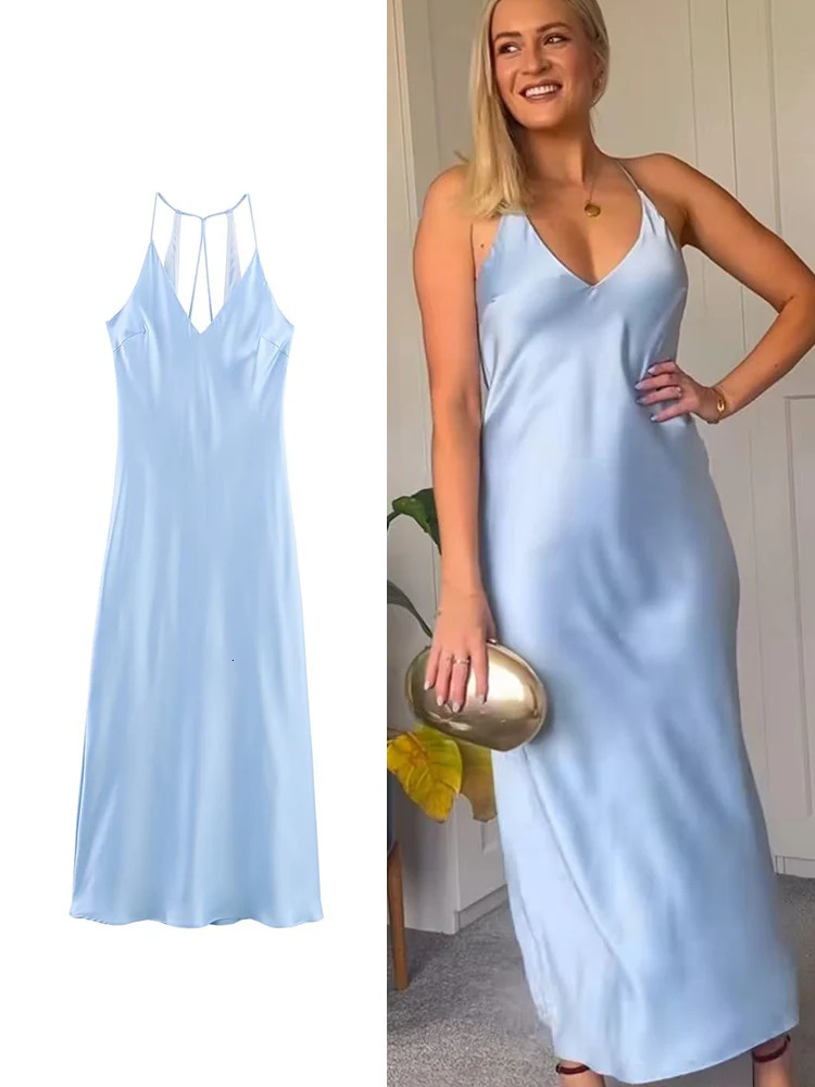 TFMLN Sexy Ladies Sky Blue Long Dress Elegant Slimming Sleeveless Backless Spaghetti Strap Fashion Evening Dresses 250513