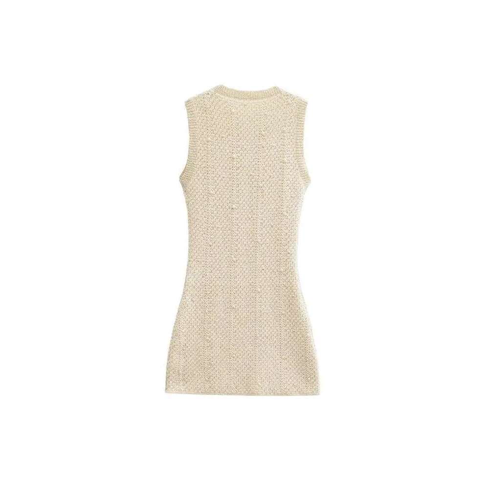 TRZA-Women's Faux Pearls Knit Mini Dress, O Neck, Sleeveless, Female Dresses, Chic Fashion