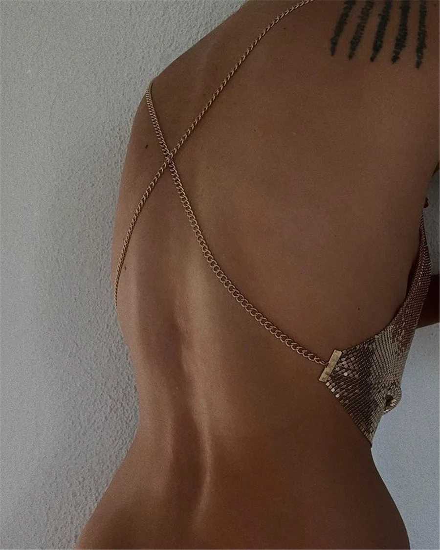 Fashion Metallic Sequins Party Tank Top Sexy Deep V Neck Backless Spaghetti Straps Sling Crop Top Rave Nightclub Camisole M250513