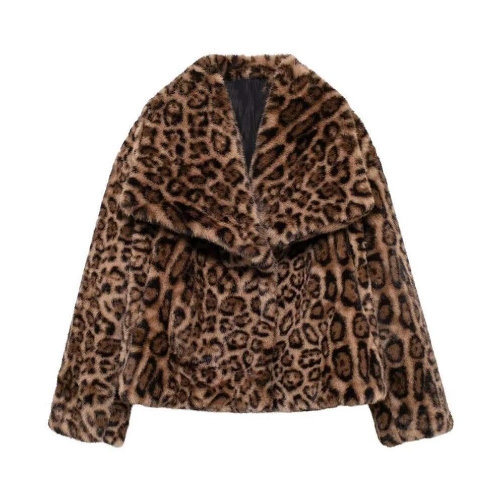 Zach Ailsa Women's Animal Pattern Printed Short Hairy Autumn/Winter Collar Long Sleeve Loose Warm Coat