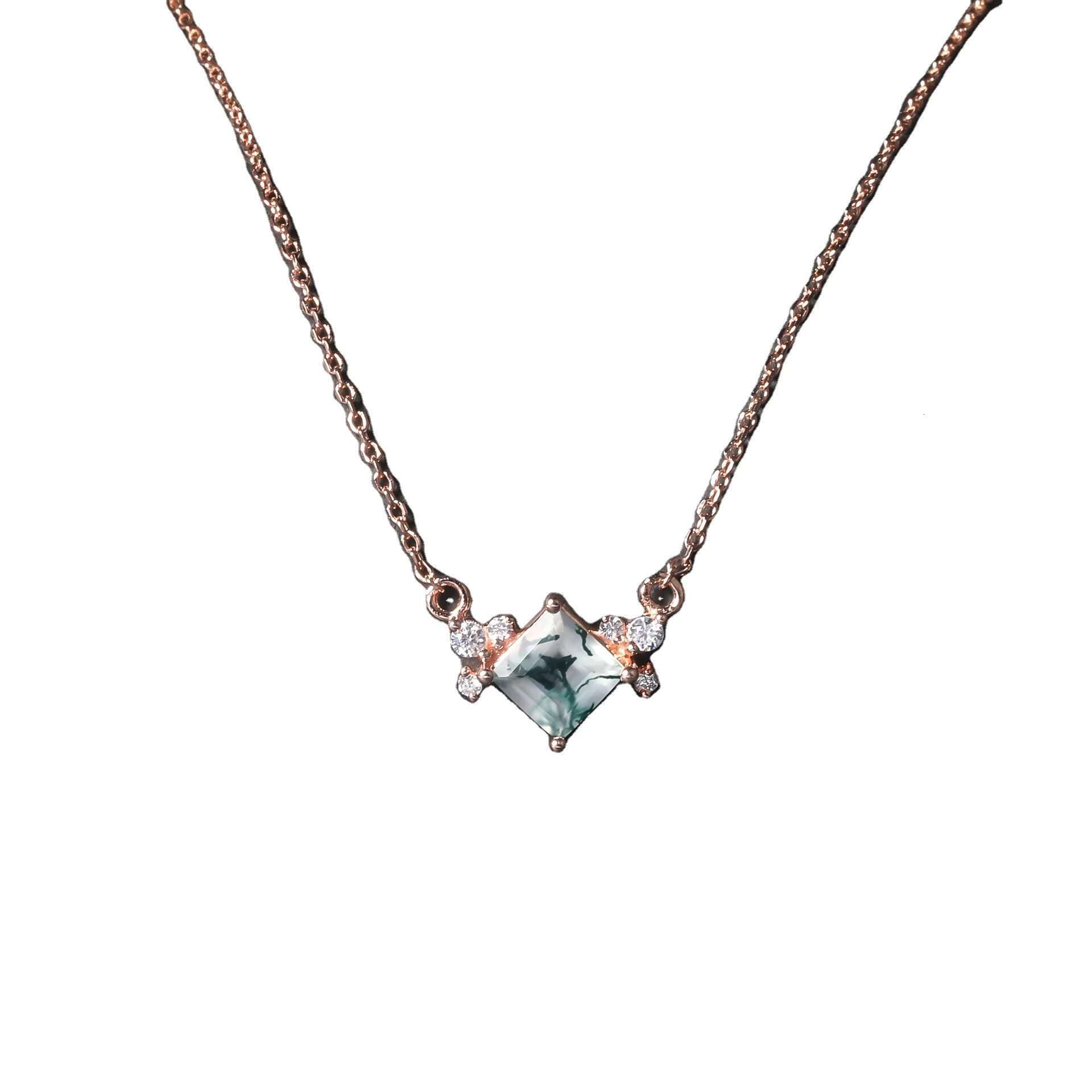Unique Small Habitat Design Square Pendant Sier Plated Gold Natural Aquatic Grass Agate Necklace