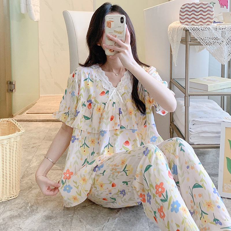 B874-Cotton silk pajamas women summer thin short-sleeved trousers loose artificial cotton suit large size outer wear home clothes