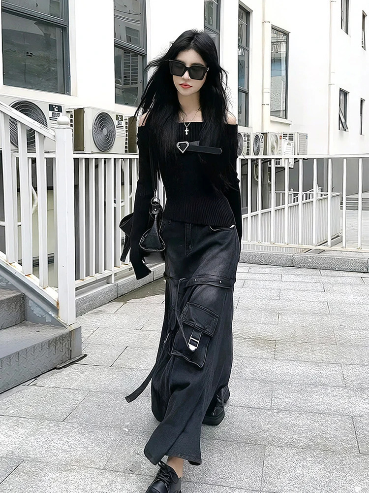 High Quality Black Denim Skirt Thin Office Lady Vintage Fashion Pockets Autumn Winter Waist ALine n Gothic 250513