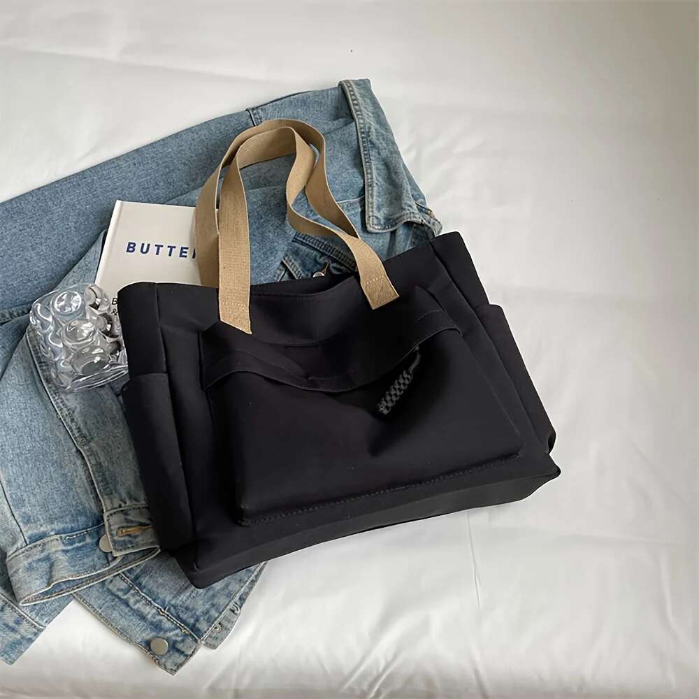 Nylon Tote With Multiple Pocket Lightweight Foldable Design For Office Commute Shopping Fiess Storage Handbag Shoulder Bag