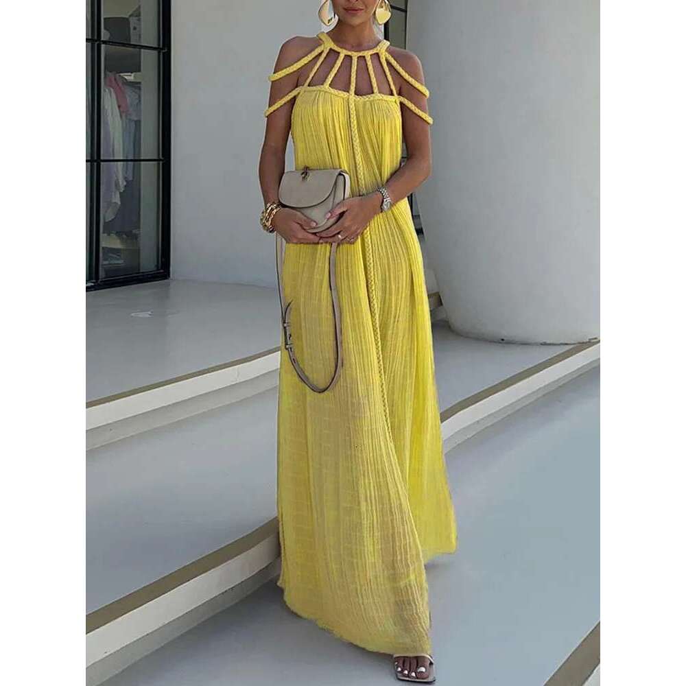 O-Neck Loungewear Hollow Out Party Women Summer Beach Style Fashion Maxi Dress, New Solid Sleeveless Elegant Ladies Dress