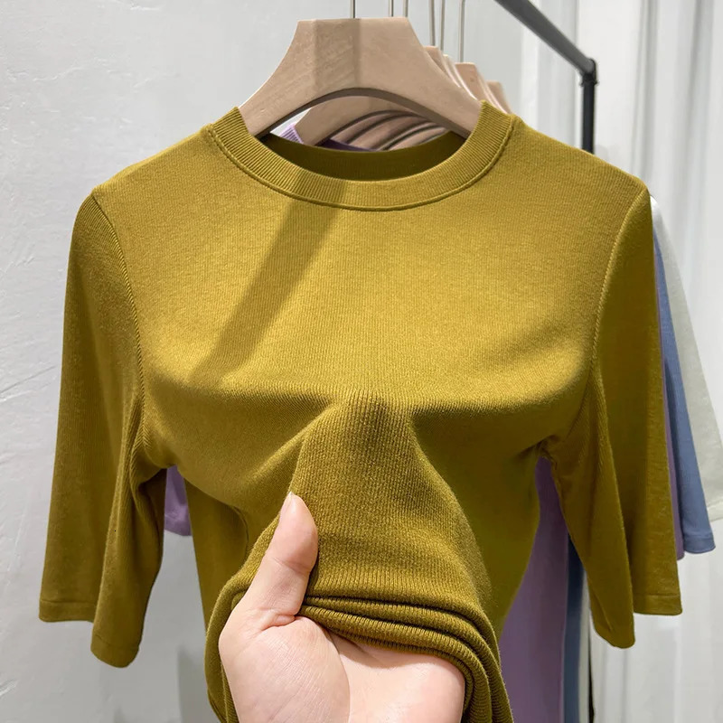 Summer Ice Silk Women T Shirts Solid Color Round Neck Comfortable Fashion Short Sleeve Slim Tops 250513